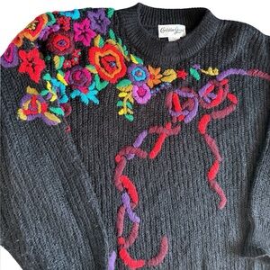 Vintage Christine Gerard Mohair Blend Embroidered Floral Black Sweater Size L